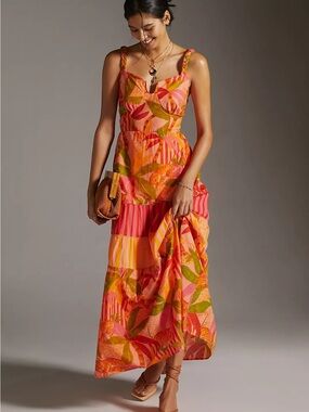 FARM RIO by Anthropology Vibrant Pink & Orange Floral Maxi Dress NWT Size XXS